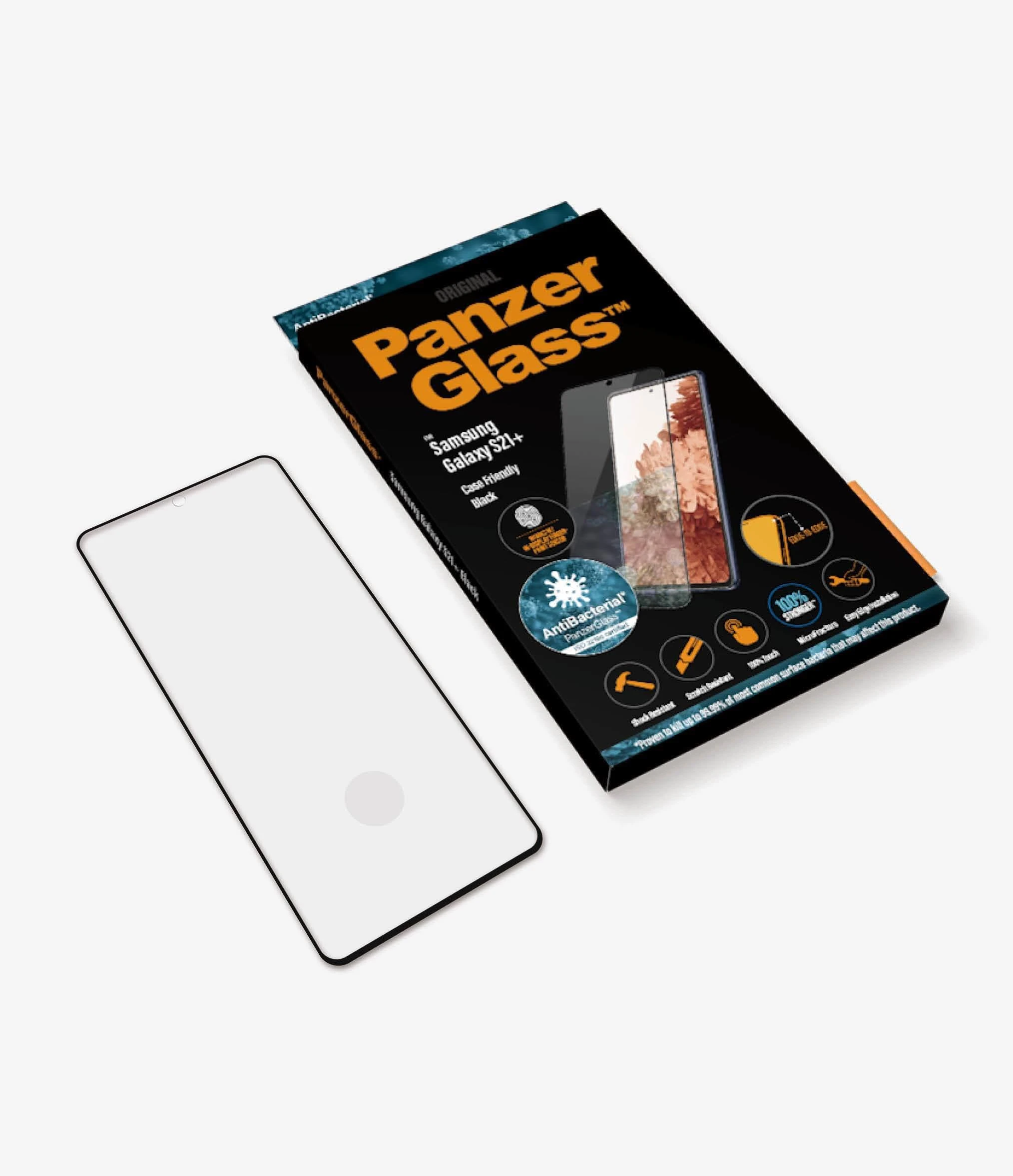 Panzer Glass PanzerGlass | Samsung | Galaxy S21+ serija | Antibakterinis stiklas | Juodas | Patogus dėklui, suderinamas su ekrane esančiu pirštų atspaudų skaitytuvu | Ekrano apsauga nuo pirštų atspaudų