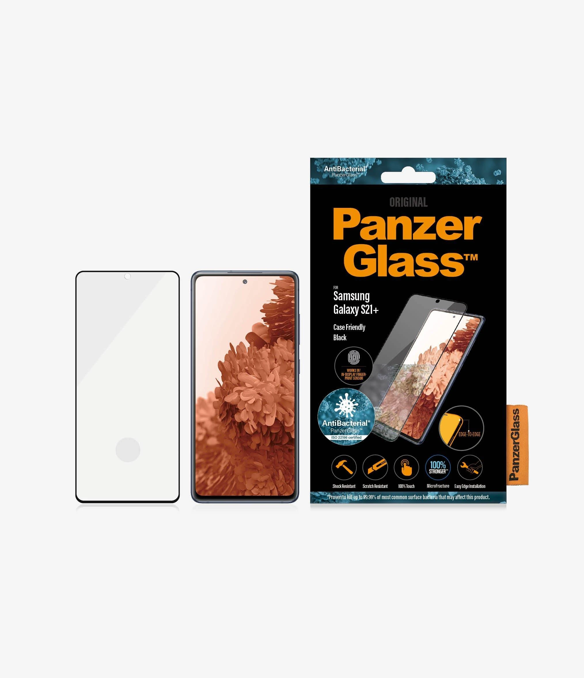 Panzer Glass PanzerGlass | Samsung | Galaxy S21+ serija | Antibakterinis stiklas | Juodas | Patogus dėklui, suderinamas su ekrane esančiu pirštų atspaudų skaitytuvu | Ekrano apsauga nuo pirštų atspaudų