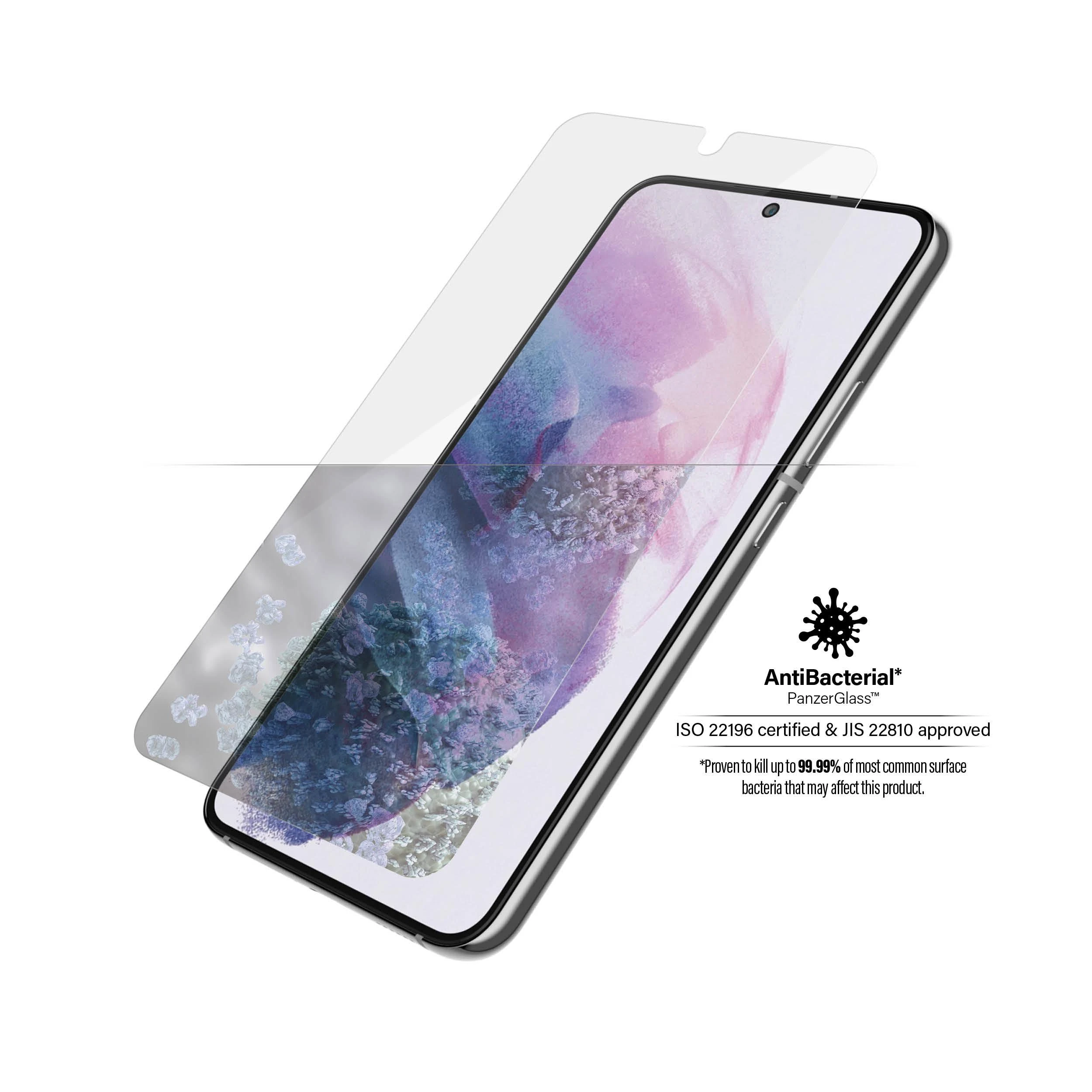 Panzer Glass PanzerGlass | Samsung | Galaxy S22 | Grūdintas stiklas | Skaidrus | Draugiškas atvejams. Suderinamas su ultragarsiniu pirštų atspaudų jutikliu. 100% jutiklinis jautrumas. Antibakterinis (sertifikuotas ISO 22196 ir JIS 22810) | Ekrano apsauga