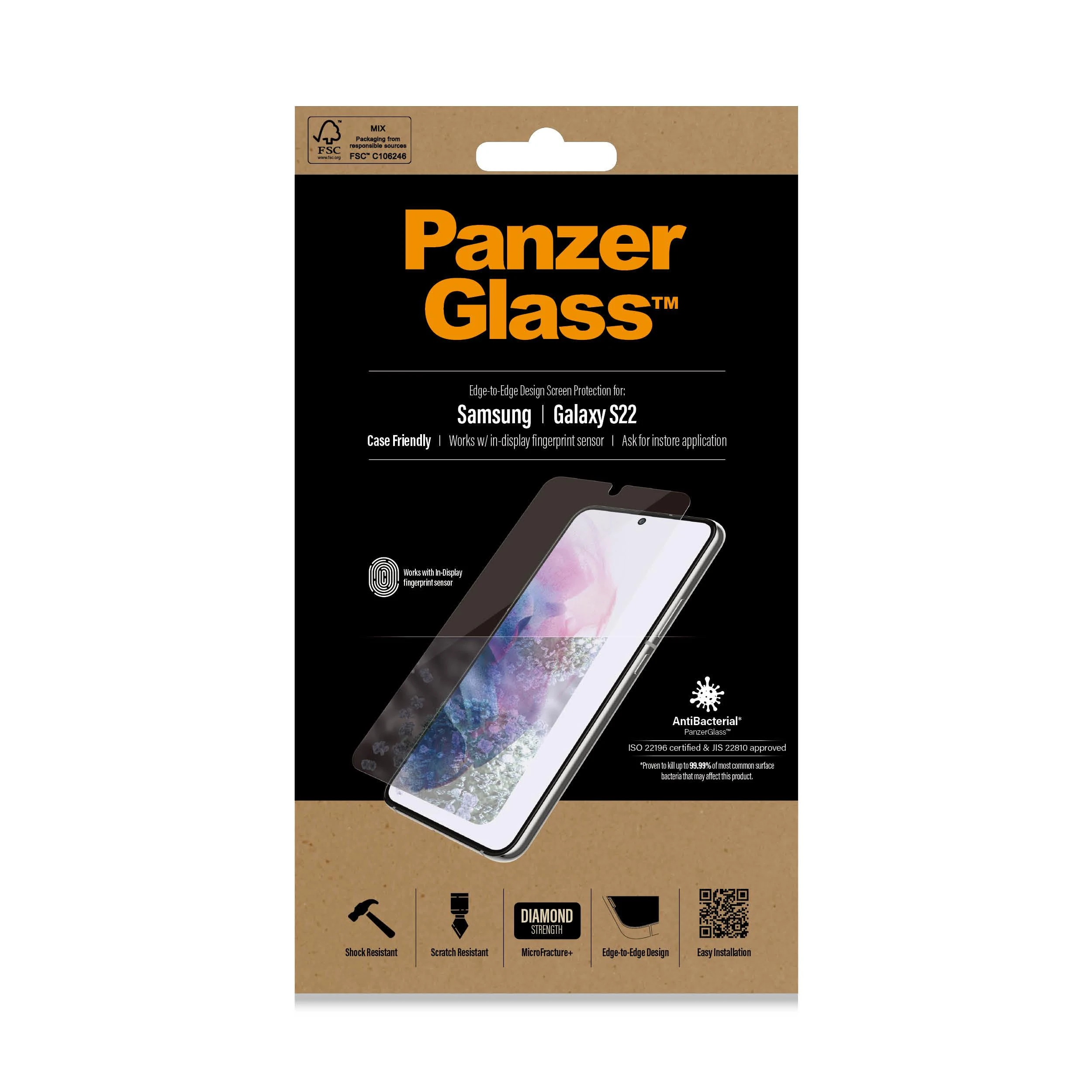 Panzer Glass PanzerGlass | Samsung | Galaxy S22 | Grūdintas stiklas | Skaidrus | Draugiškas atvejams. Suderinamas su ultragarsiniu pirštų atspaudų jutikliu. 100% jutiklinis jautrumas. Antibakterinis (sertifikuotas ISO 22196 ir JIS 22810) | Ekrano apsauga