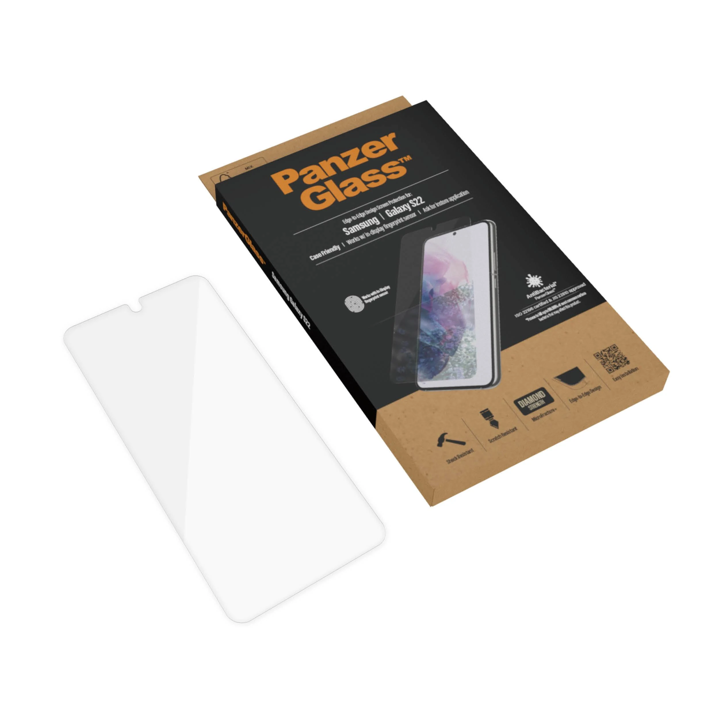 Panzer Glass PanzerGlass | Samsung | Galaxy S22 | Grūdintas stiklas | Skaidrus | Draugiškas atvejams. Suderinamas su ultragarsiniu pirštų atspaudų jutikliu. 100% jutiklinis jautrumas. Antibakterinis (sertifikuotas ISO 22196 ir JIS 22810) | Ekrano apsauga