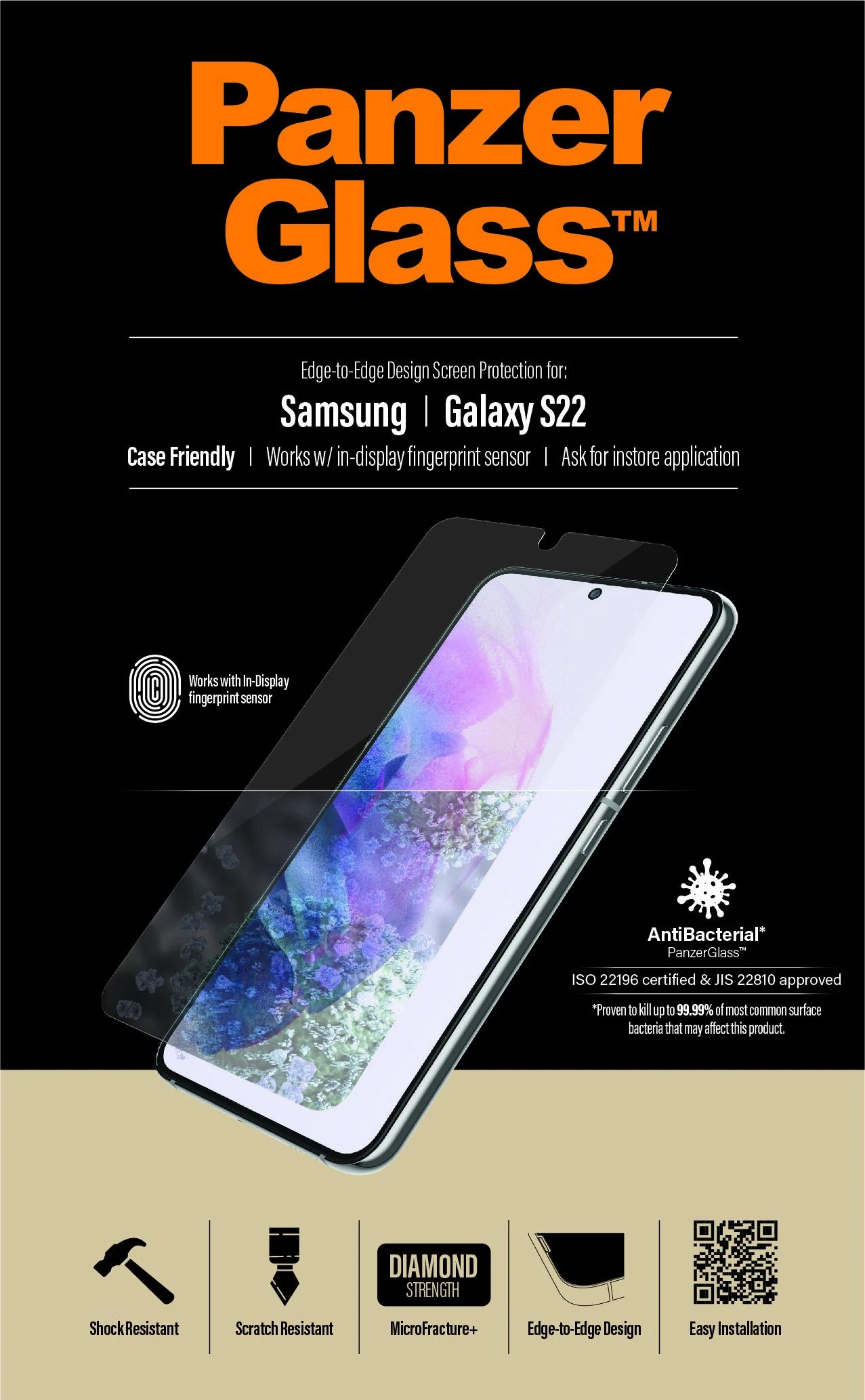 Panzer Glass PanzerGlass | Samsung | Galaxy S22 | Grūdintas stiklas | Skaidrus | Draugiškas atvejams. Suderinamas su ultragarsiniu pirštų atspaudų jutikliu. 100% jutiklinis jautrumas. Antibakterinis (sertifikuotas ISO 22196 ir JIS 22810) | Ekrano apsauga