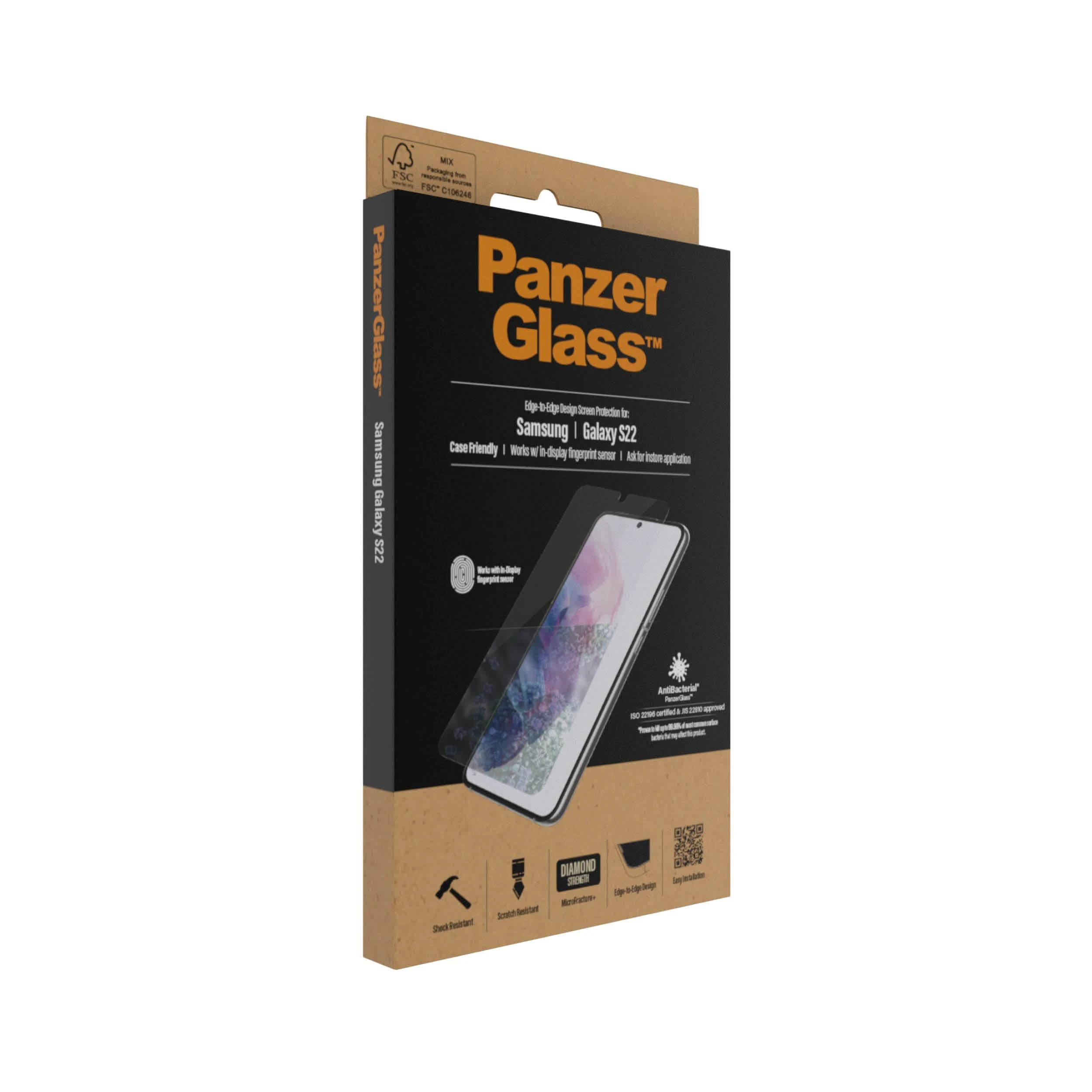 Panzer Glass PanzerGlass | Samsung | Galaxy S22 | Grūdintas stiklas | Skaidrus | Draugiškas atvejams. Suderinamas su ultragarsiniu pirštų atspaudų jutikliu. 100% jutiklinis jautrumas. Antibakterinis (sertifikuotas ISO 22196 ir JIS 22810) | Ekrano apsauga