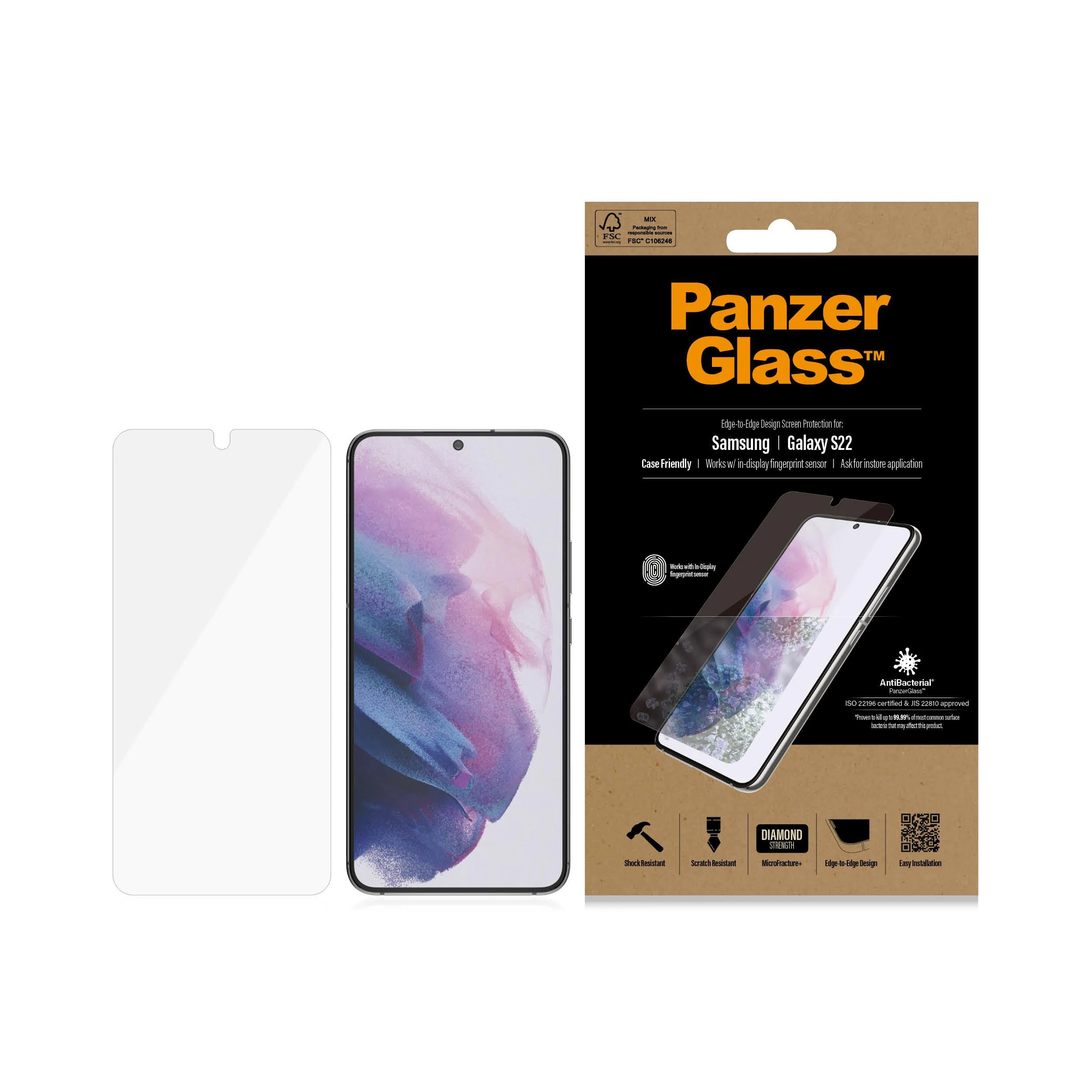 Panzer Glass PanzerGlass | Samsung | Galaxy S22 | Grūdintas stiklas | Skaidrus | Draugiškas atvejams. Suderinamas su ultragarsiniu pirštų atspaudų jutikliu. 100% jutiklinis jautrumas. Antibakterinis (sertifikuotas ISO 22196 ir JIS 22810) | Ekrano apsauga