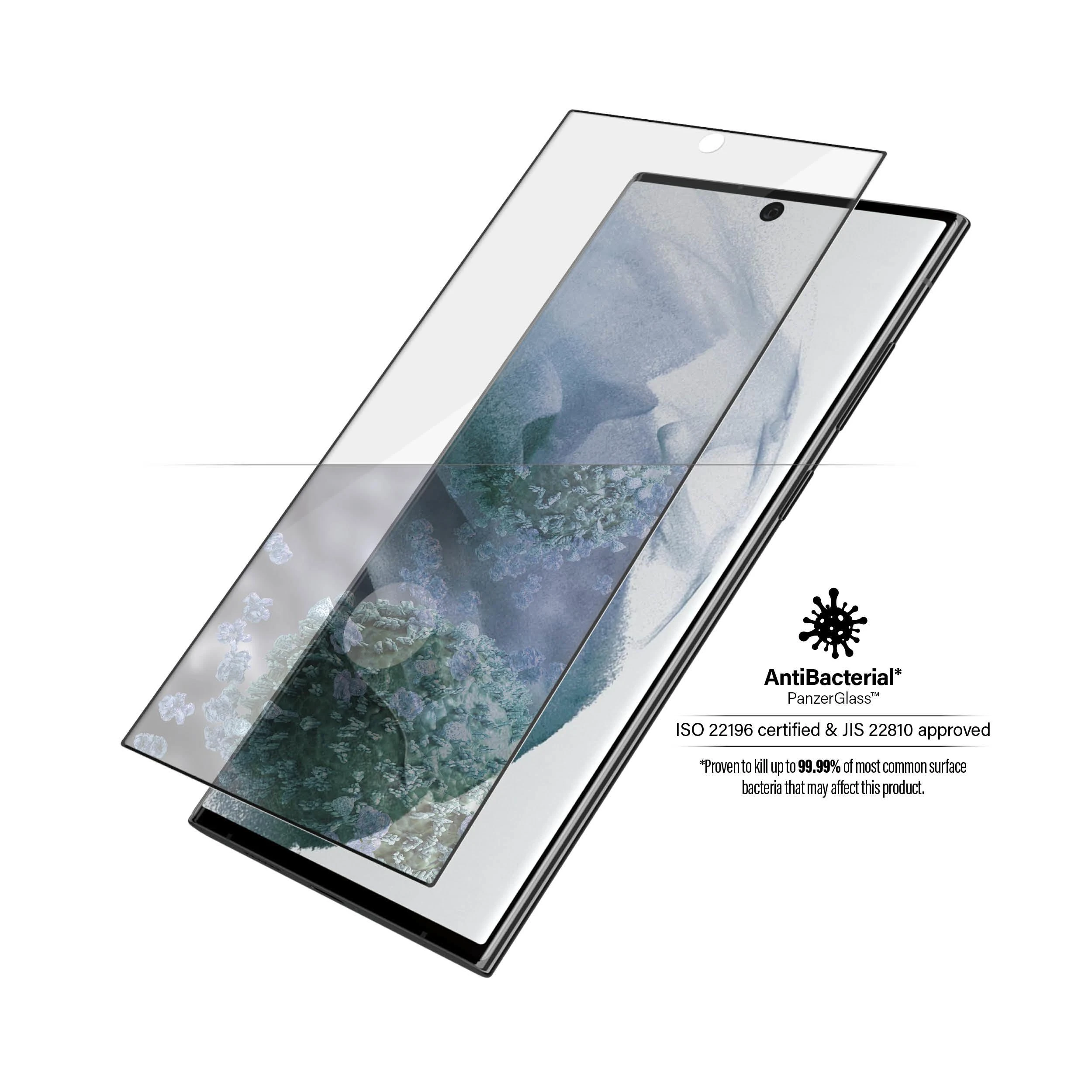 Panzer Glass PanzerGlass | Samsung | Galaxy S22 Ultra | Grūdintas stiklas | Juodas | Draugiškas atvejams. Suderinamas su ultragarsiniu pirštų atspaudų jutikliu. 100% jutiklinis jautrumas. Antibakterinis (sertifikuotas ISO 22196 ir JIS 22810) | Ekrano apsauga