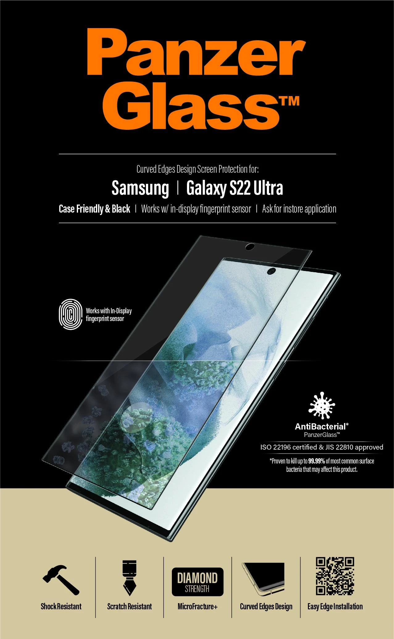 Panzer Glass PanzerGlass | Samsung | Galaxy S22 Ultra | Grūdintas stiklas | Juodas | Draugiškas atvejams. Suderinamas su ultragarsiniu pirštų atspaudų jutikliu. 100% jutiklinis jautrumas. Antibakterinis (sertifikuotas ISO 22196 ir JIS 22810) | Ekrano apsauga