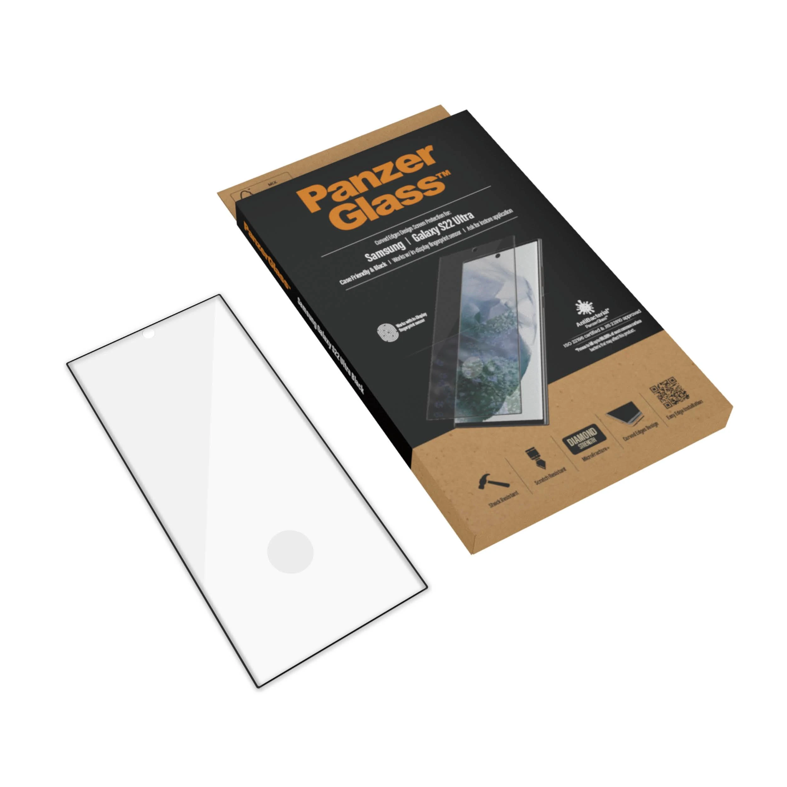 Panzer Glass PanzerGlass | Samsung | Galaxy S22 Ultra | Grūdintas stiklas | Juodas | Draugiškas atvejams. Suderinamas su ultragarsiniu pirštų atspaudų jutikliu. 100% jutiklinis jautrumas. Antibakterinis (sertifikuotas ISO 22196 ir JIS 22810) | Ekrano apsauga