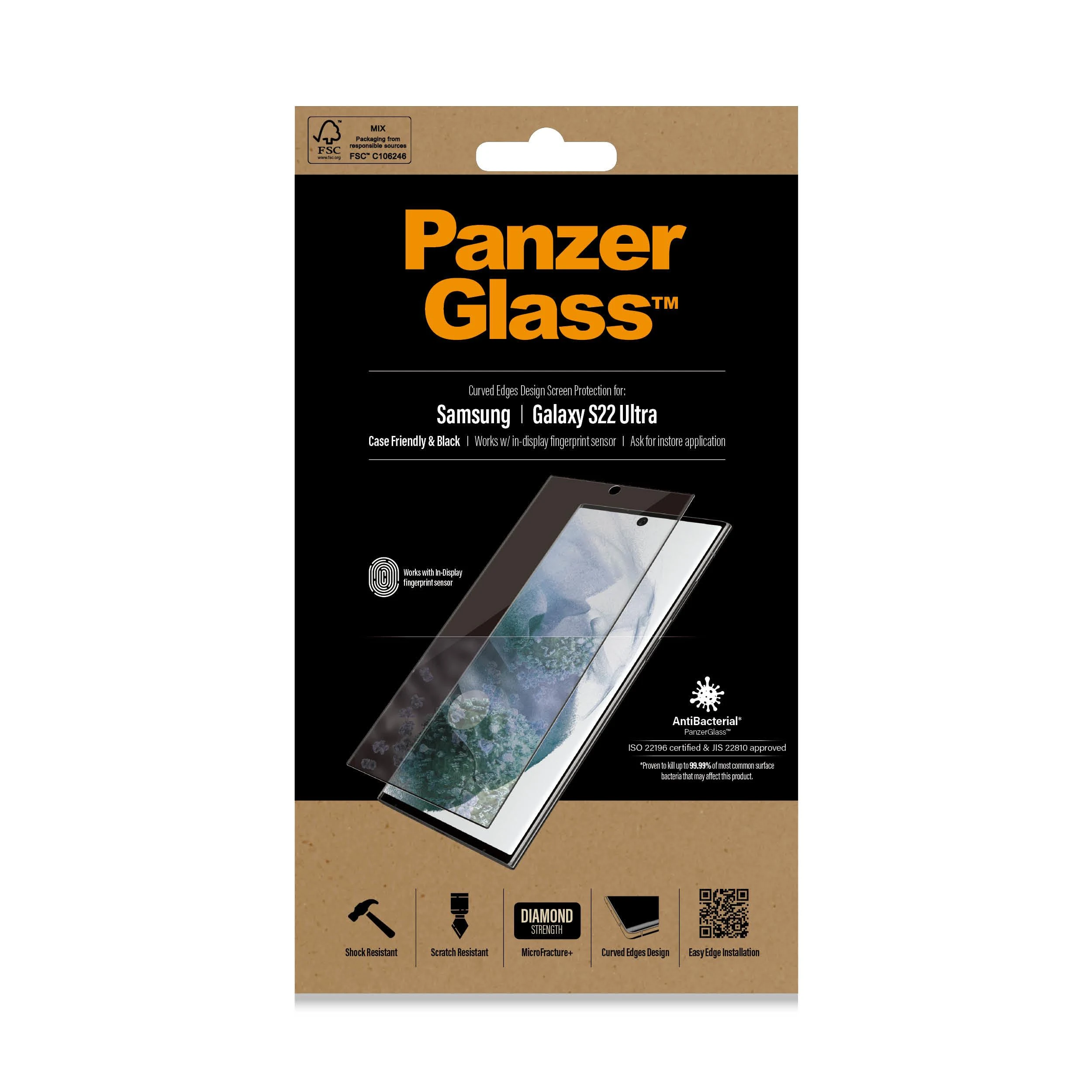 Panzer Glass PanzerGlass | Samsung | Galaxy S22 Ultra | Grūdintas stiklas | Juodas | Draugiškas atvejams. Suderinamas su ultragarsiniu pirštų atspaudų jutikliu. 100% jutiklinis jautrumas. Antibakterinis (sertifikuotas ISO 22196 ir JIS 22810) | Ekrano apsauga