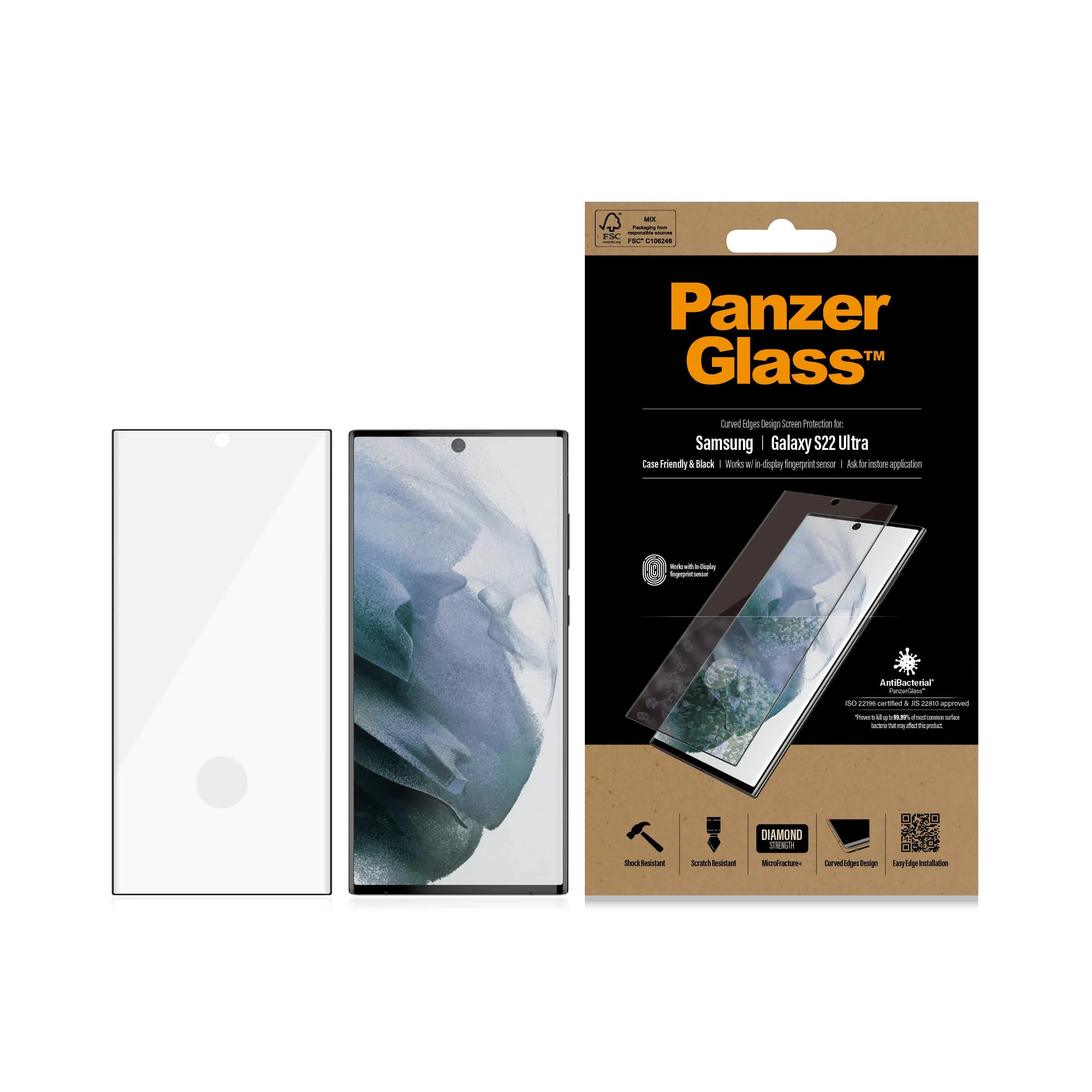 Panzer Glass PanzerGlass | Samsung | Galaxy S22 Ultra | Grūdintas stiklas | Juodas | Draugiškas atvejams. Suderinamas su ultragarsiniu pirštų atspaudų jutikliu. 100% jutiklinis jautrumas. Antibakterinis (sertifikuotas ISO 22196 ir JIS 22810) | Ekrano apsauga