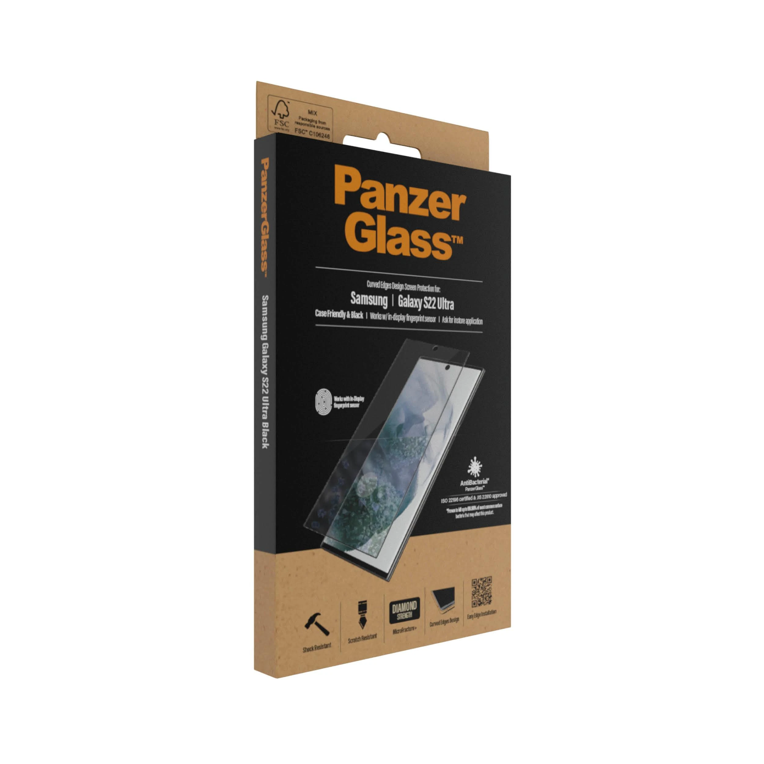 Panzer Glass PanzerGlass | Samsung | Galaxy S22 Ultra | Grūdintas stiklas | Juodas | Draugiškas atvejams. Suderinamas su ultragarsiniu pirštų atspaudų jutikliu. 100% jutiklinis jautrumas. Antibakterinis (sertifikuotas ISO 22196 ir JIS 22810) | Ekrano apsauga