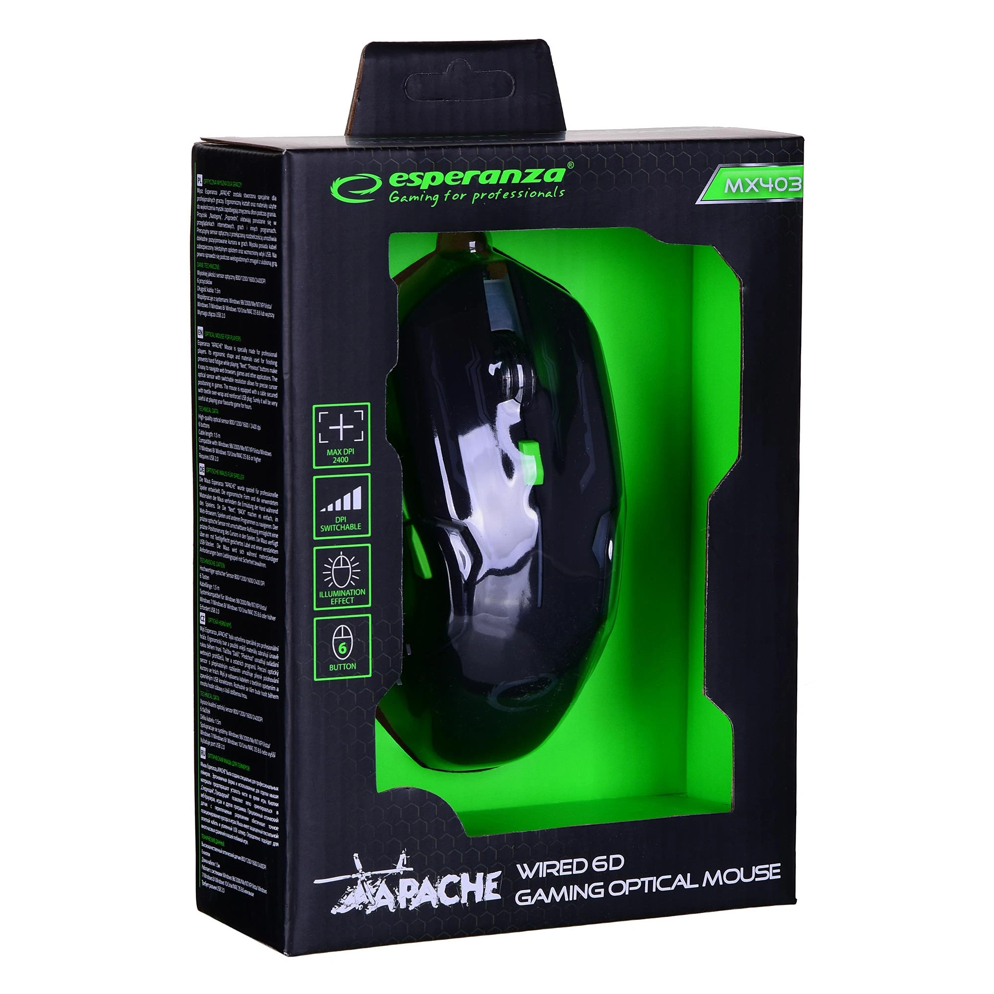 ESPERANZA EGM403G - 5901299925478 ESPERANZA EGM403G MX403 APACHE - su laidu 6D GAMING Optinė pelė USB - Žalias