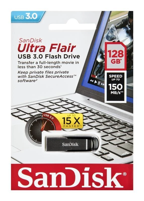 USB laikmena SanDisk Ultra Flair, 128 GB, USB 3.0, 150 MB/s