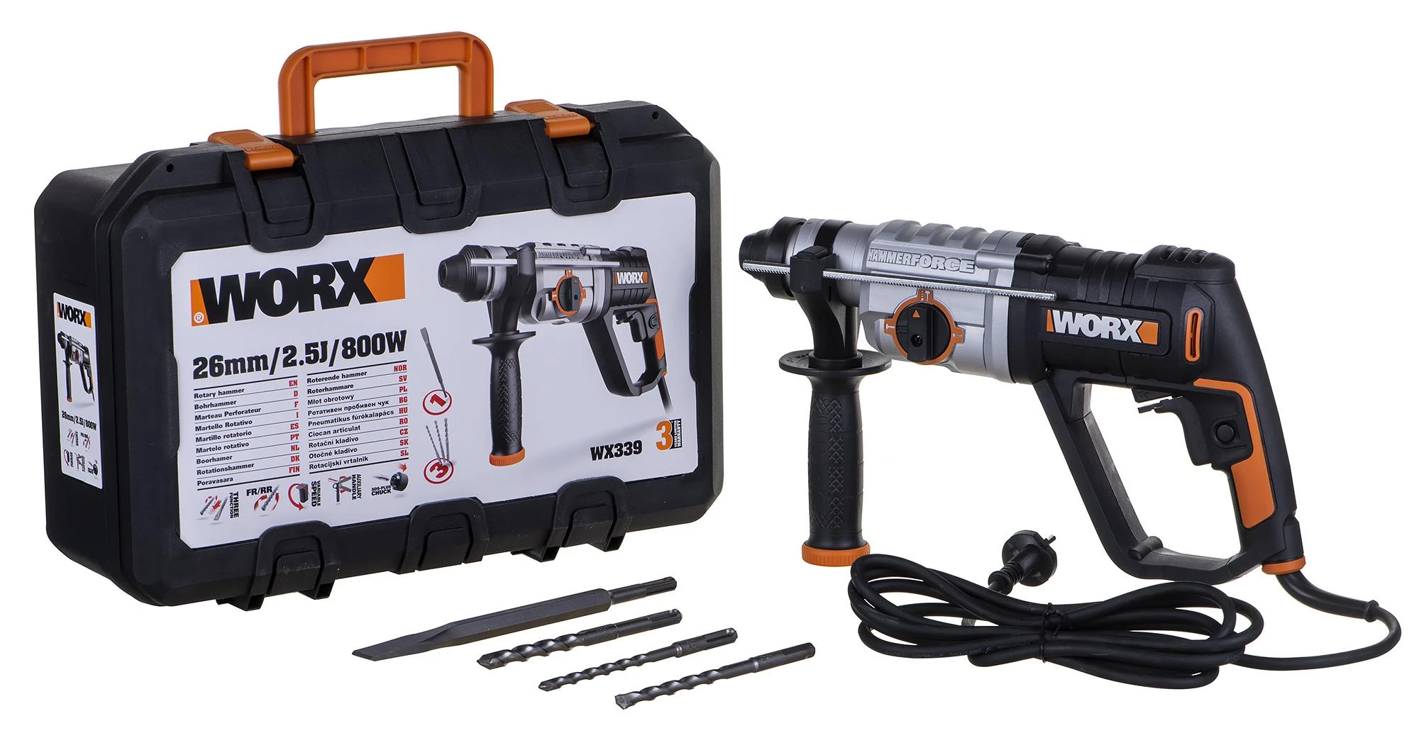 Smūginis gręžtuvas sds+ 800w 2,5j, lagaminas WX339 Worx