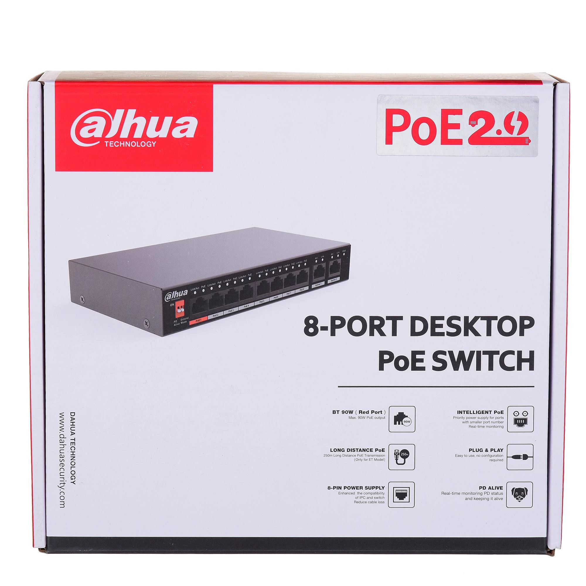 Dahua PoE šakotuvas 8*100Mbps PoE portai ir 2 Uplink 1000Mbps, Total-96W, BT 90W