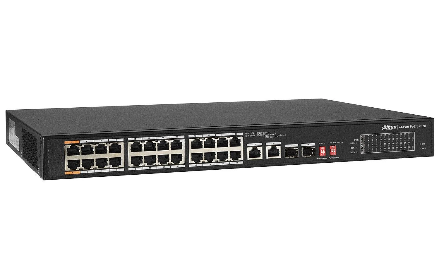 „Dahua Technology Co“ PoE šakotuvas, 24 prievadų, PoE+, 2 RJ45 prievadų + 2 SFP prievadų, 240 W