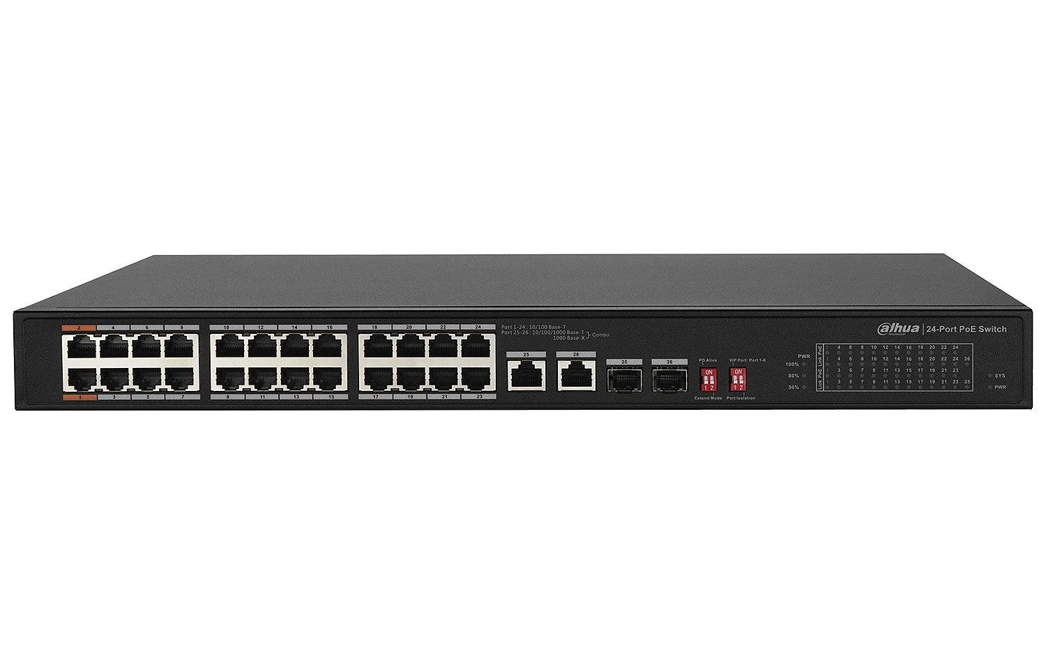 „Dahua Technology Co“ PoE šakotuvas, 24 prievadų, PoE+, 2 RJ45 prievadų + 2 SFP prievadų, 240 W