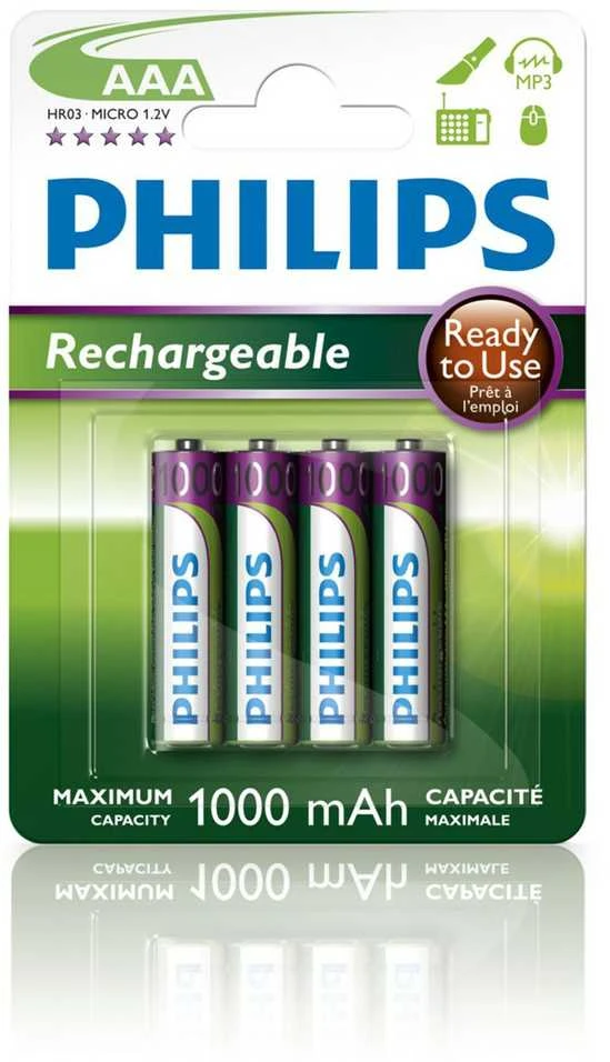 Philips Įkraunama baterija R03B4RTU10/10, Įkraunama baterija, AAA, Nikelio-metalo hidrido (NiMH), 1,2 V, 1000 mAh, Cd (kadmis), Hg (gyvsidabris)