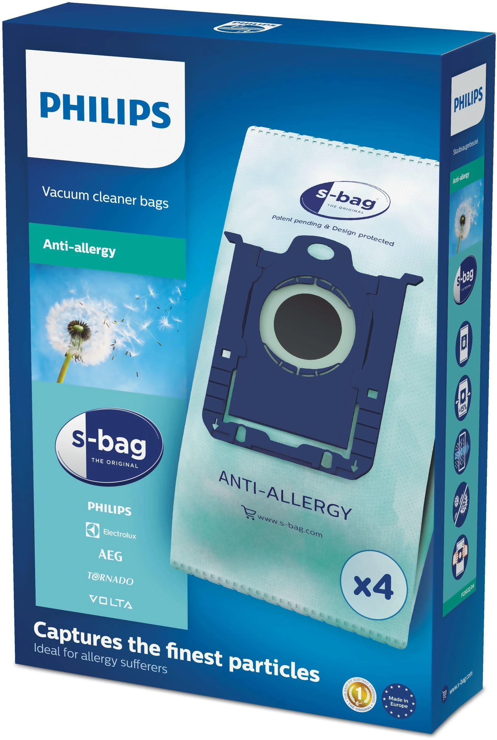 Philips s-bag Dulkių siurblių maišeliai FC8022/04 4 x dulkių maišeliai Vienas standartas tinka visiems Antialerginiam filtravimui