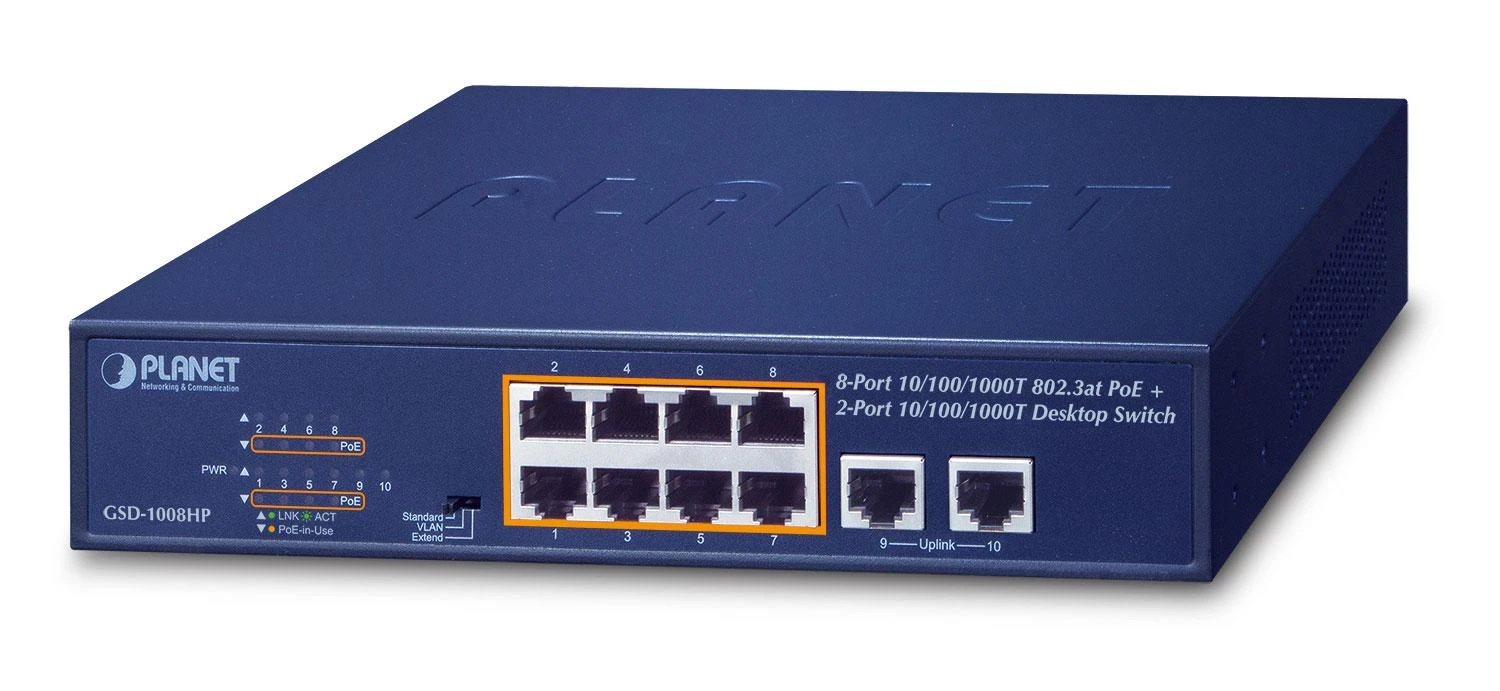 Šakotuvas Switch PoE Planet GSD-1008HP (10x 10/100/1000Mbps)