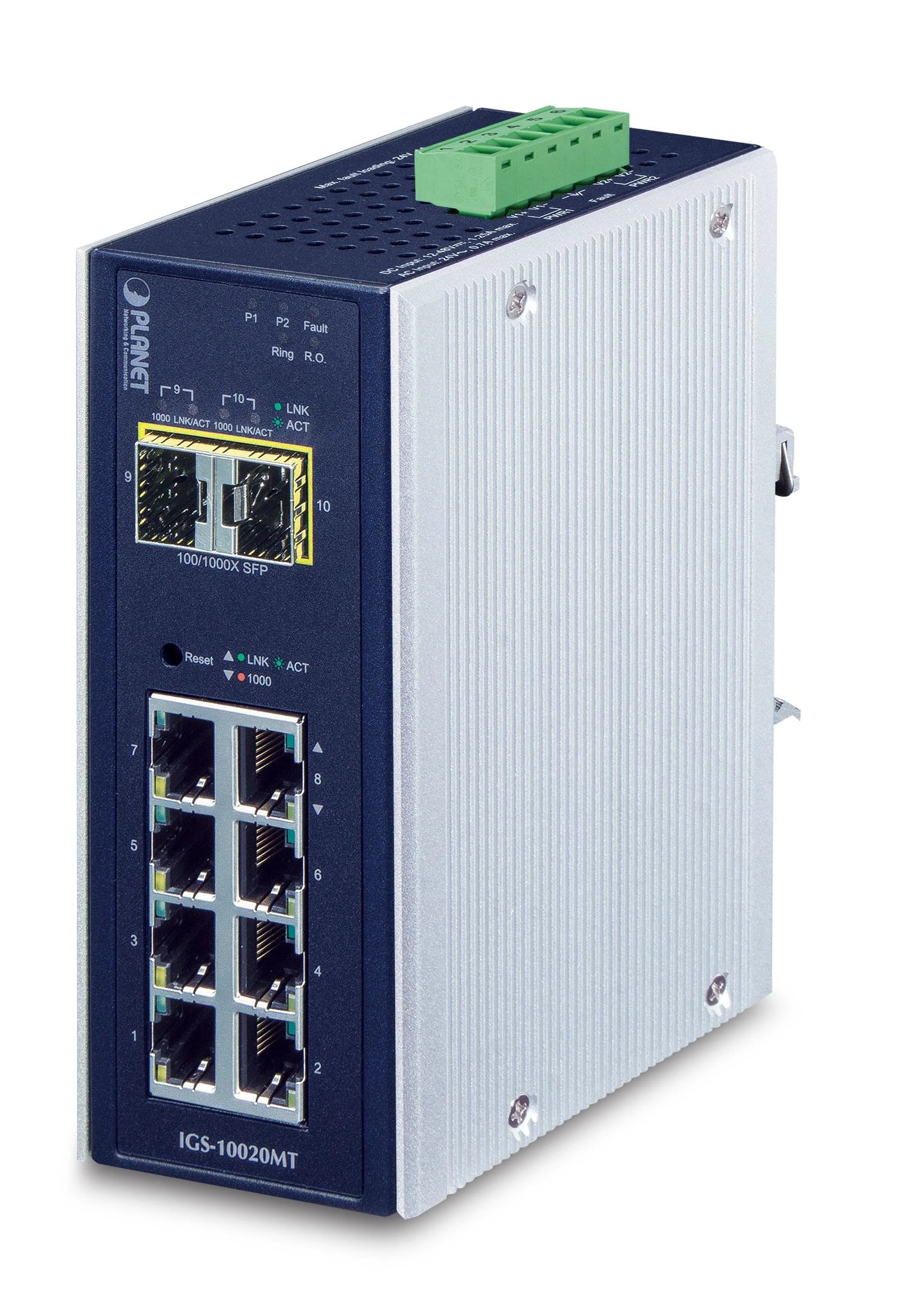 Šakotuvas Planet IP30 Industrial 8* 1000TP + 2* 100/1000F SFP visiškai valdomas Ethernet jungiklis (nuo -40 iki 75 laipsnių C)