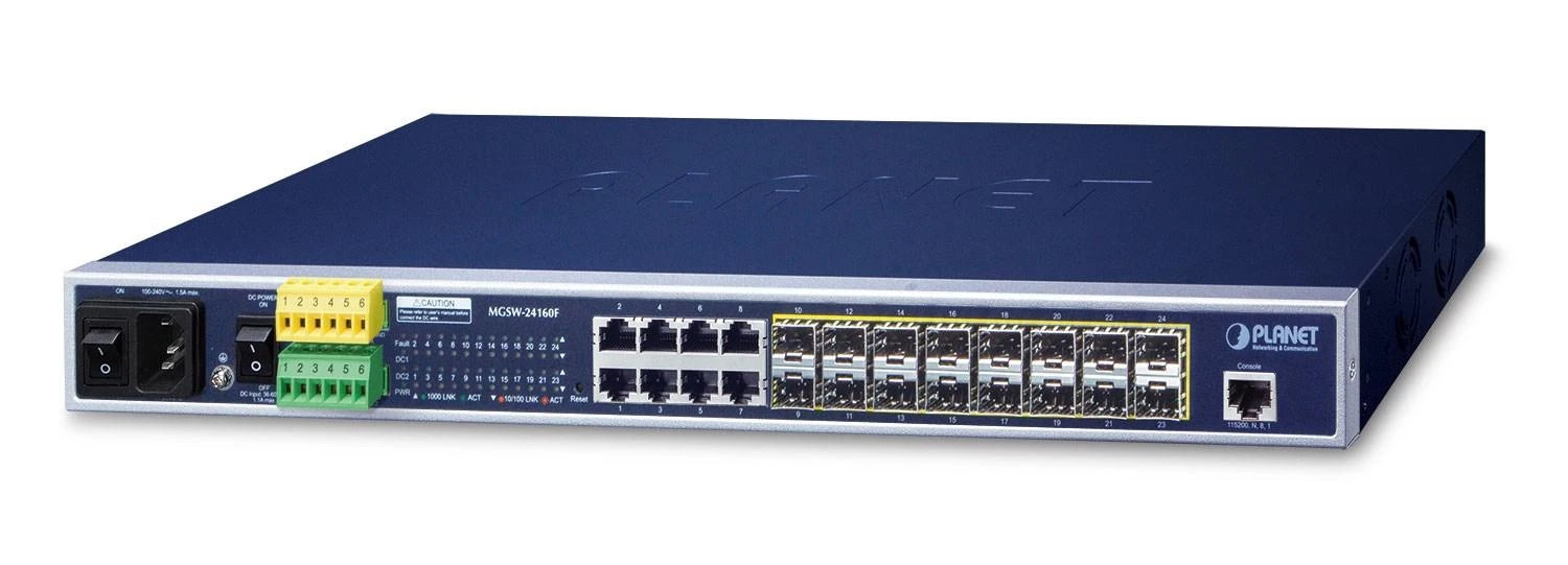 Šakotuvas PLANET MGSW-24160F tinklo jungiklis Valdomas L2+ Gigabit Ethernet (10/100/1000) Maitinimas per Ethernet (PoE) 1U Mėlyna