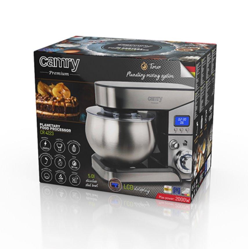 Plakiklis Camry | Planetary virtuvinis kombainas | CR 4223 | 2000 W | Greičių skaičius 6 | Bowl capacity 5 L | Sidabrinis