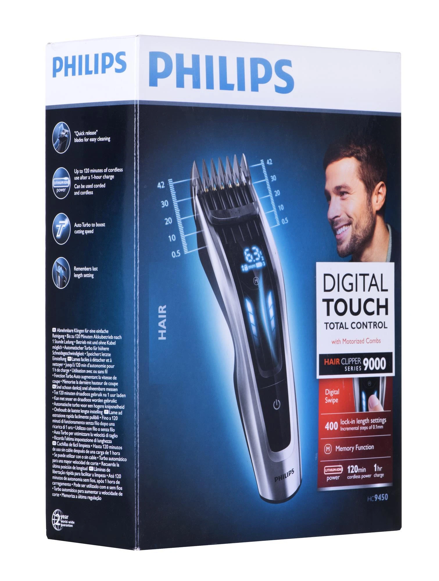 „Philips“ serijos 9000 plaukų kirpimo mašinėlė HC9450/15, titano peiliukai, 400 ilgio nustatymų, 120 min. veikia be laido / 1 val. įkrovimas