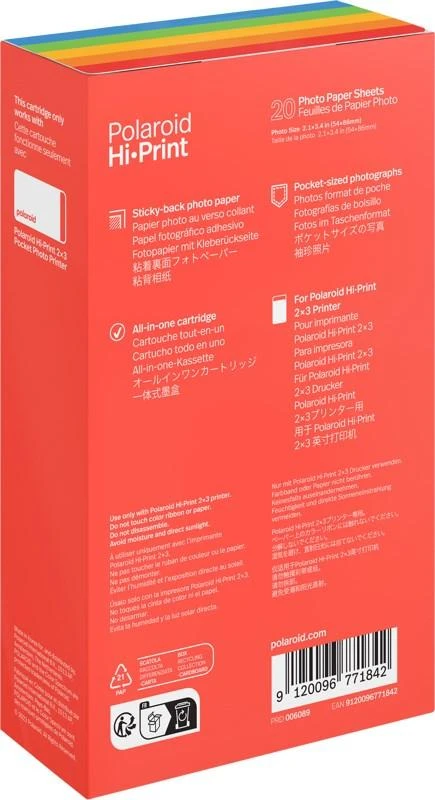 POLAROID HI-PRINT CARTRIDGE 2,1X3,4" 20-PACK STICKY BACK