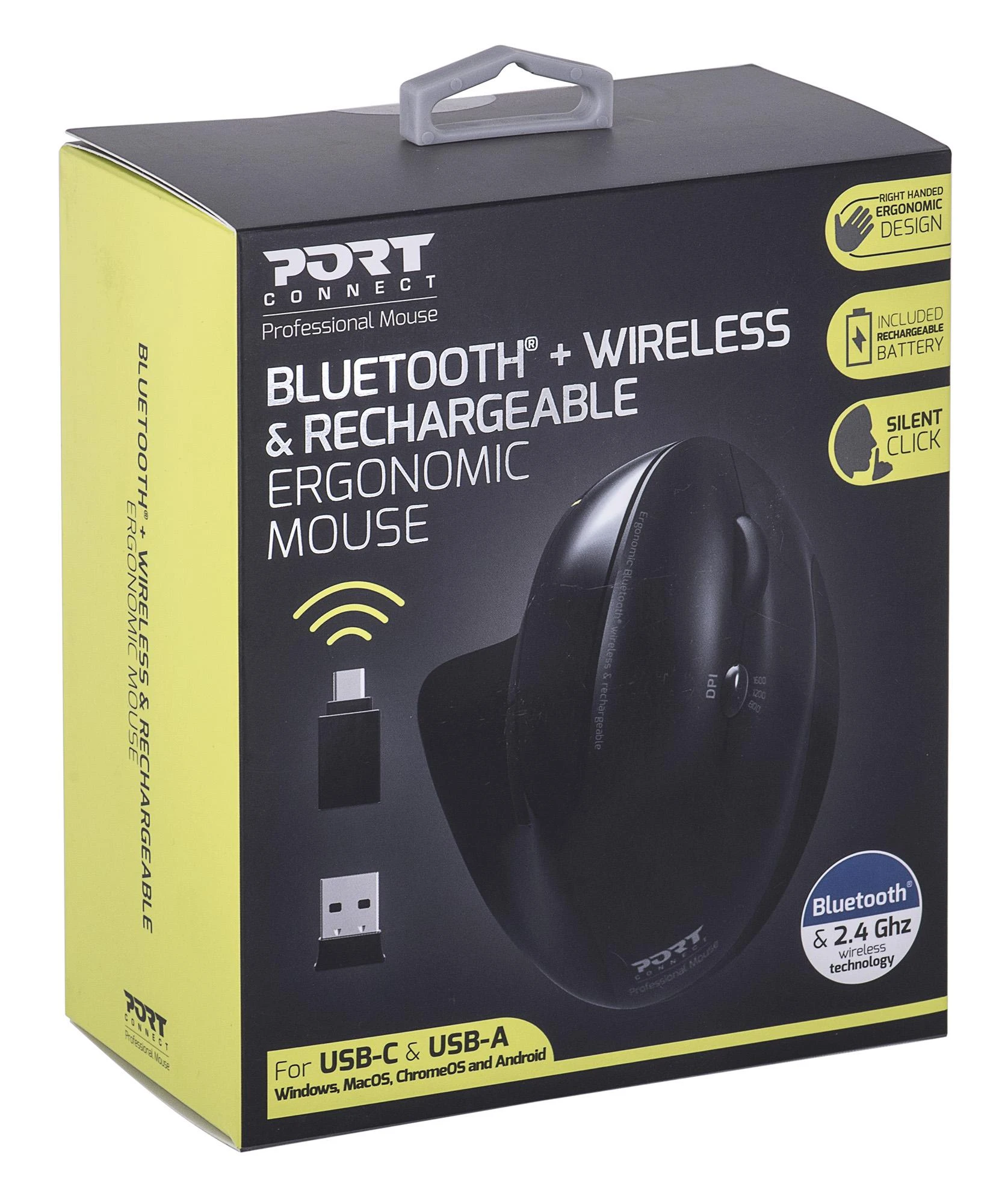 PORT DESIGNS | Rechargeable Ergonomic Pelė | 900706-BT | Optinė | Wireless | 2.4 GHz Wireless via USB Dongle | Juodas | 3 year(s)