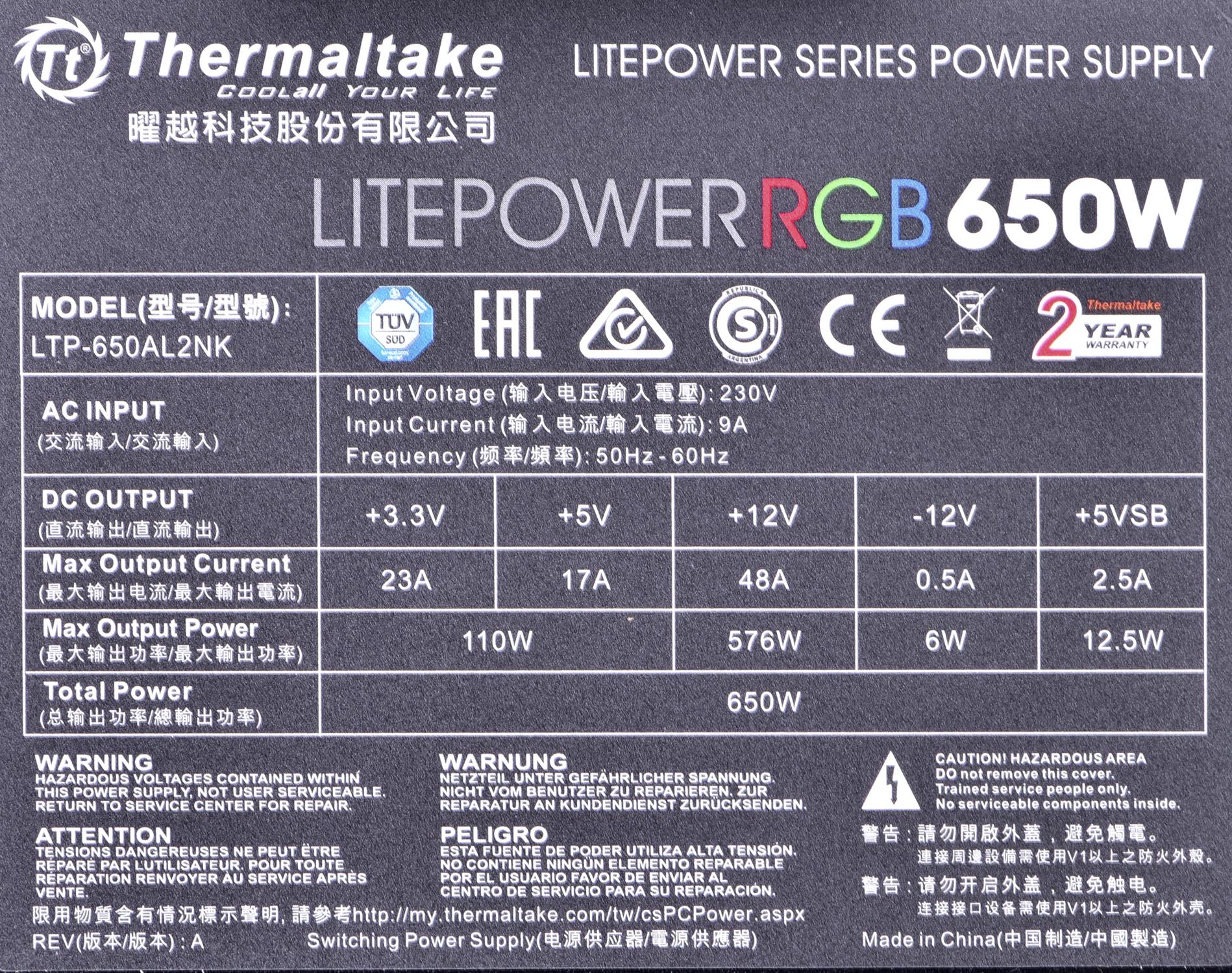 Maitinimo šaltinis Thermaltake Litepower RGB PS-LTP-0650NHSANE-1 (650 W, aktyvus, 120 mm)