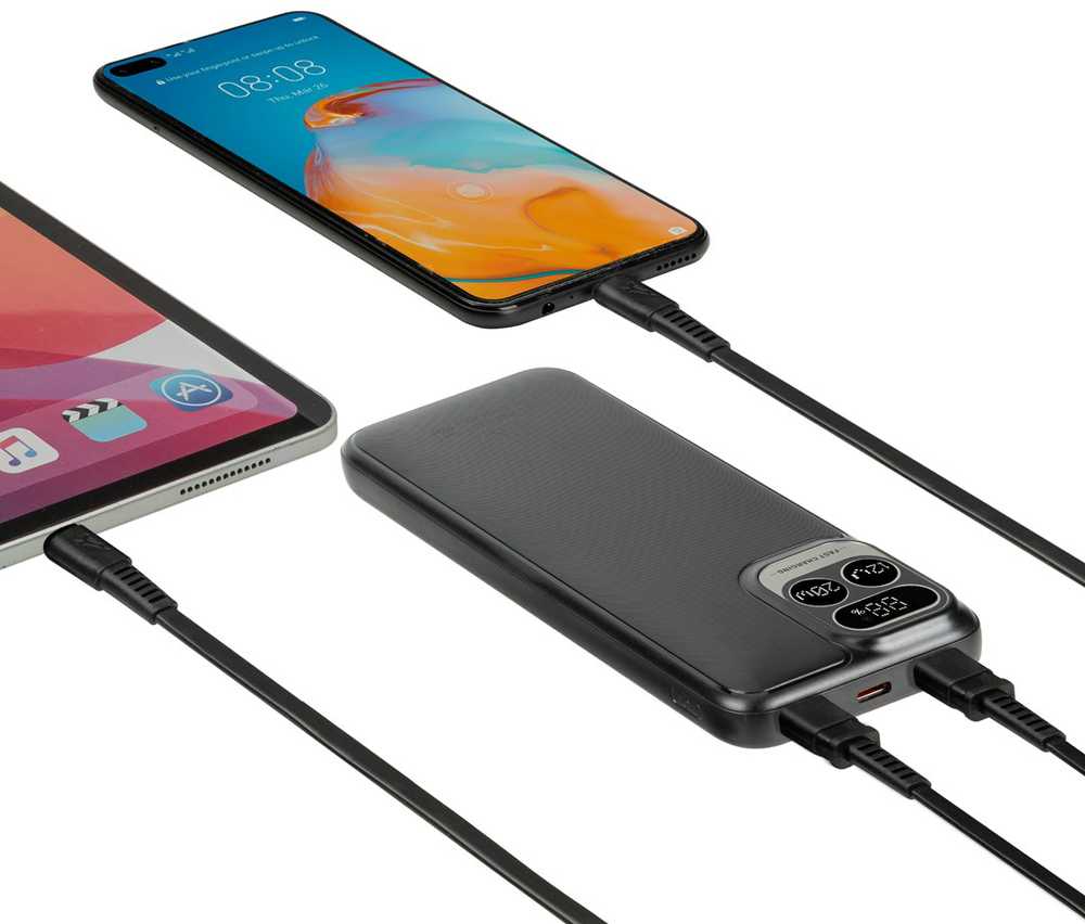 Nešiojamoji baterija RIVACASE 10000 mAh USB-C 20W + LCD, juodas (1x I/O USB-C PD 18W / PD 20W, 2x USB-A QC 3.0 18W, LCD, juodas)