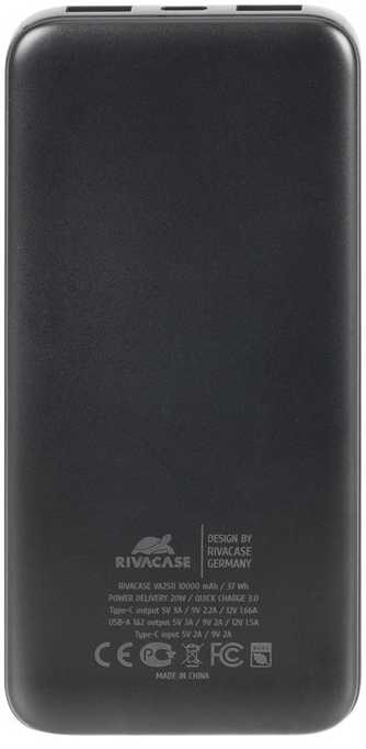 Nešiojamoji baterija RIVACASE 10000 mAh USB-C 20W + LCD, juodas (1x I/O USB-C PD 18W / PD 20W, 2x USB-A QC 3.0 18W, LCD, juodas)