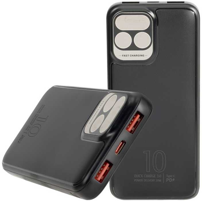 Nešiojamoji baterija RIVACASE 10000 mAh USB-C 20W + LCD, juodas (1x I/O USB-C PD 18W / PD 20W, 2x USB-A QC 3.0 18W, LCD, juodas)