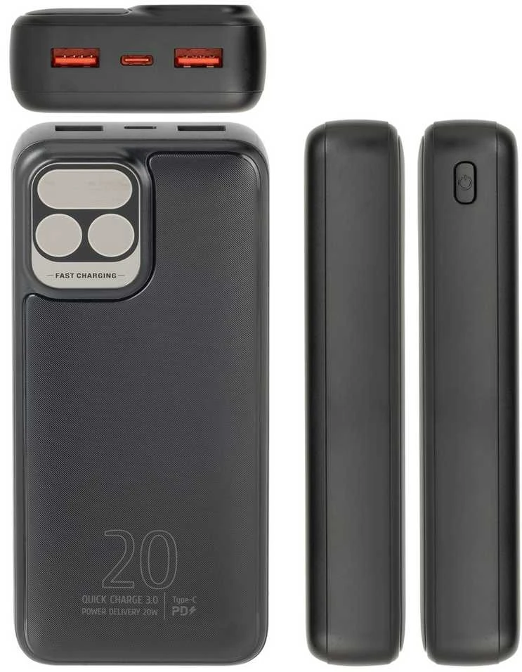 „RivaCase“ išorinė baterija 20 000 mAh USB-C 20 W LCD, 1 x įvestis/išvestis USB-C PD 20 W, 2 x USB-A QC 3.0 18 W, juoda