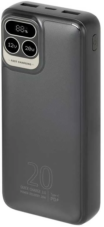 „RivaCase“ išorinė baterija 20 000 mAh USB-C 20 W LCD, 1 x įvestis/išvestis USB-C PD 20 W, 2 x USB-A QC 3.0 18 W, juoda