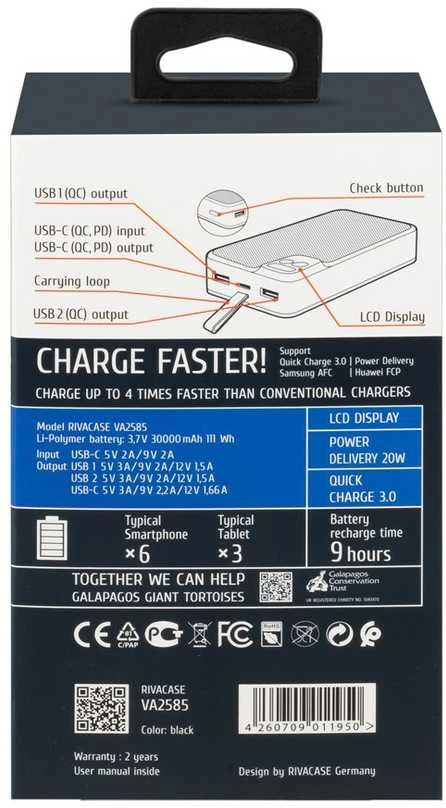 „Rivacase“ nešiojama baterija, 30 000 mAh, USB-C, 20 W, LCD, 1 x USB-C PD, 20 W, 2 x USB-A, QC 3.0, 18 W, juoda