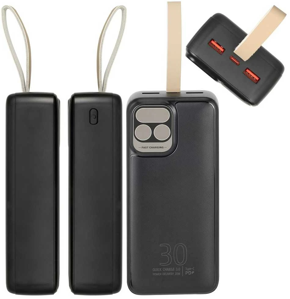 „Rivacase“ nešiojama baterija, 30 000 mAh, USB-C, 20 W, LCD, 1 x USB-C PD, 20 W, 2 x USB-A, QC 3.0, 18 W, juoda