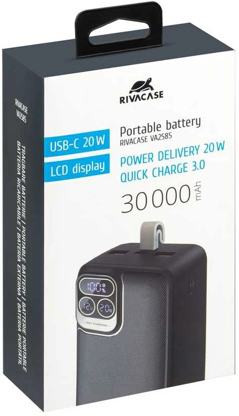 „Rivacase“ nešiojama baterija, 30 000 mAh, USB-C, 20 W, LCD, 1 x USB-C PD, 20 W, 2 x USB-A, QC 3.0, 18 W, juoda