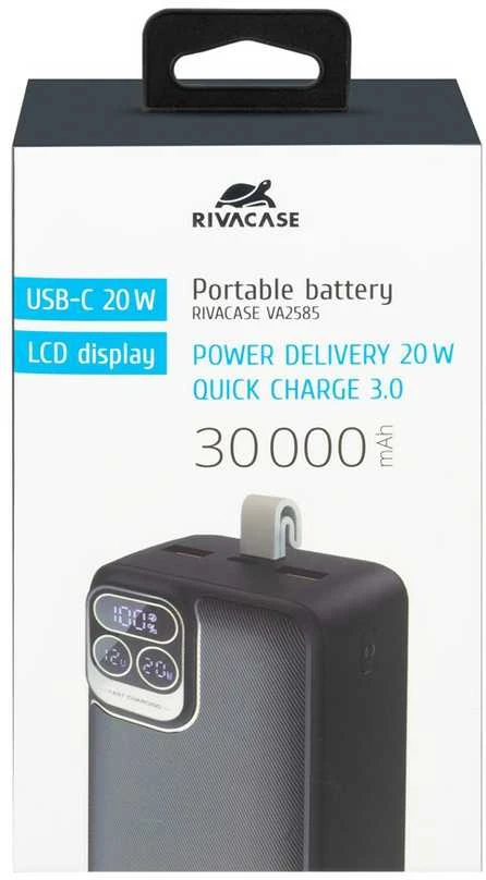 „Rivacase“ nešiojama baterija, 30 000 mAh, USB-C, 20 W, LCD, 1 x USB-C PD, 20 W, 2 x USB-A, QC 3.0, 18 W, juoda
