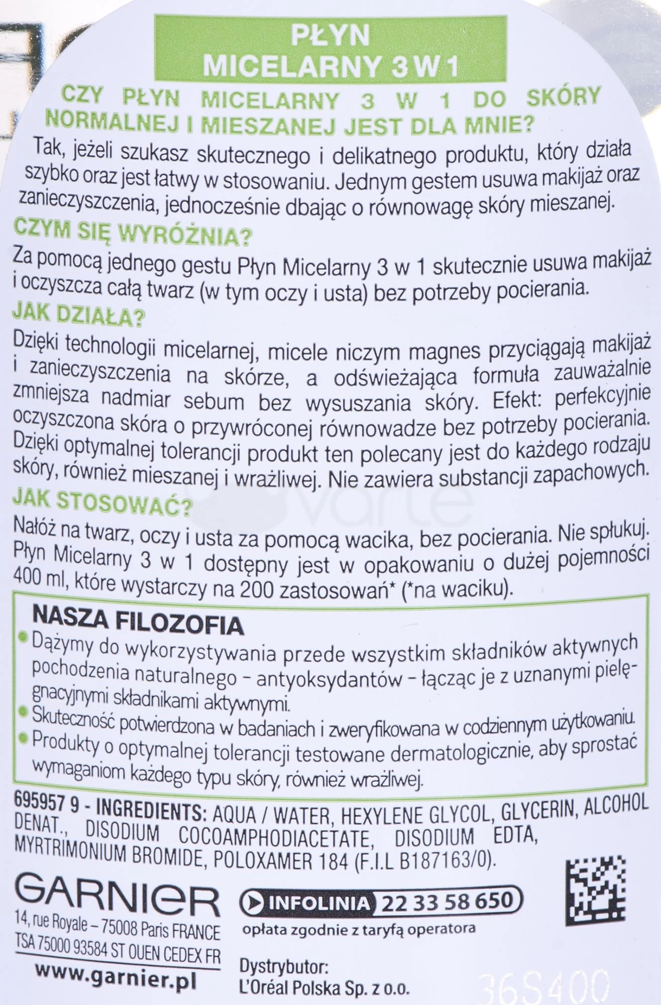 Garnier Skin Naturals micelinis skystis normaliai ir mišriai odai, 400 ml