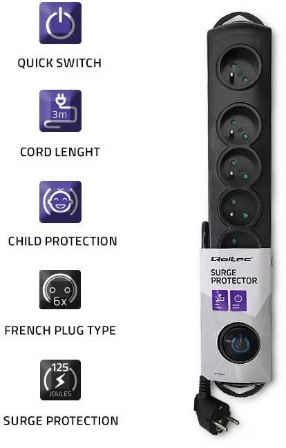 QOLTEC 50112 Surge Protector 6 maitinimo lizdas 3,0m