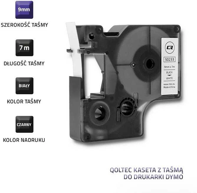 QOLTEC Tape for DYMO D1 40913 9mm x 7m Baltas / Juodas overprint