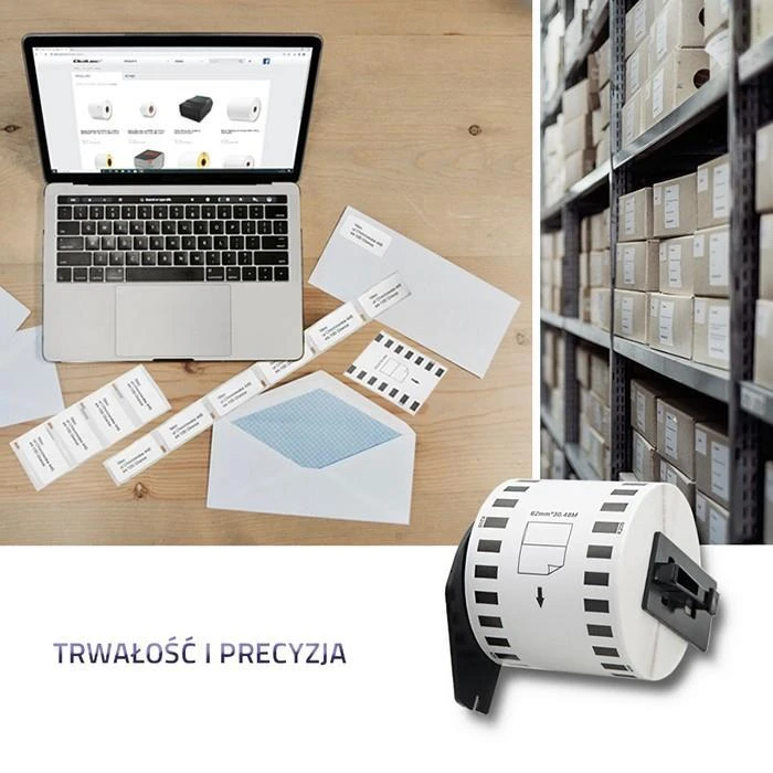 QOLTEC Tape for BROTHER DK-22205 62mm x 30.48m Baltas / Juodas overprint Volelis su rankena