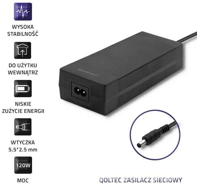 QOLTEC 50795 Stalinio kompiuterio maitinimo šaltinis 120W 24V 5A 5,5x2,5 + maitinimo kabelis