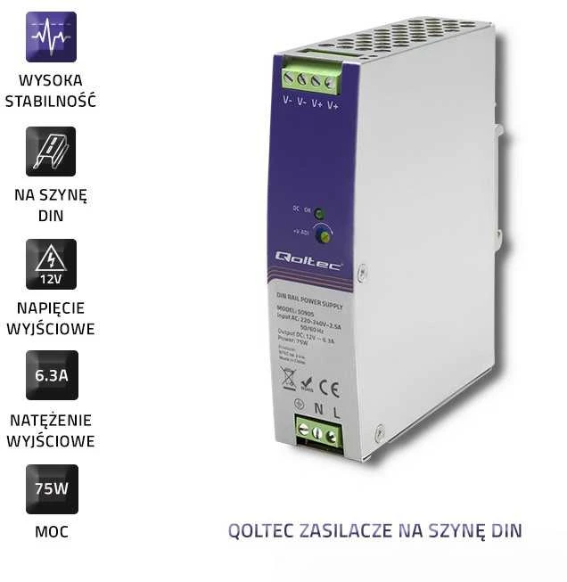 QOLTEC 50905 Pramoninis DIN bėgio maitinimo šaltinis 75W 12V 6.3A