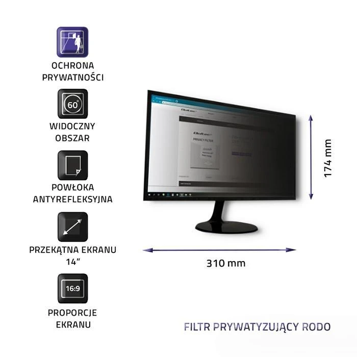 „Qoltec“ privatizavimo filtras Rodo | 14 '' | 16: 9