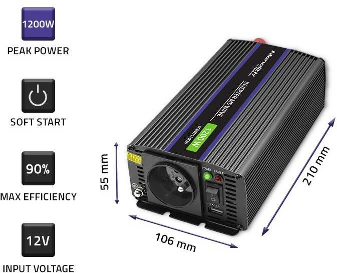 QOLTEC 51925 Monolitinis įtampos keitiklis 1200 MS Wave / 12V iki 230V / 600/1200W / USB
