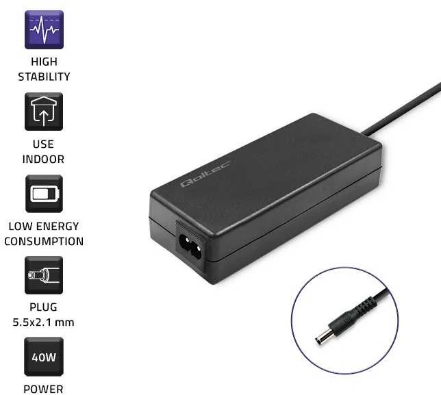 QOLTEC 52409 kintamosios srovės maitinimo adapteris 40W / 12V / 3,33A / 5,5x2,1 / maitinimo kabelis