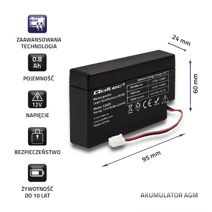 QOLTEC AGM baterija 12V 0,8Ah maks. 12A