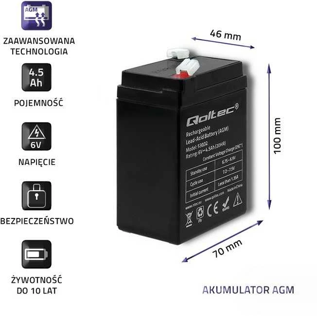 QOLTEC 53032 Baterija AGM 6V 4.5Ah max. 1.35A